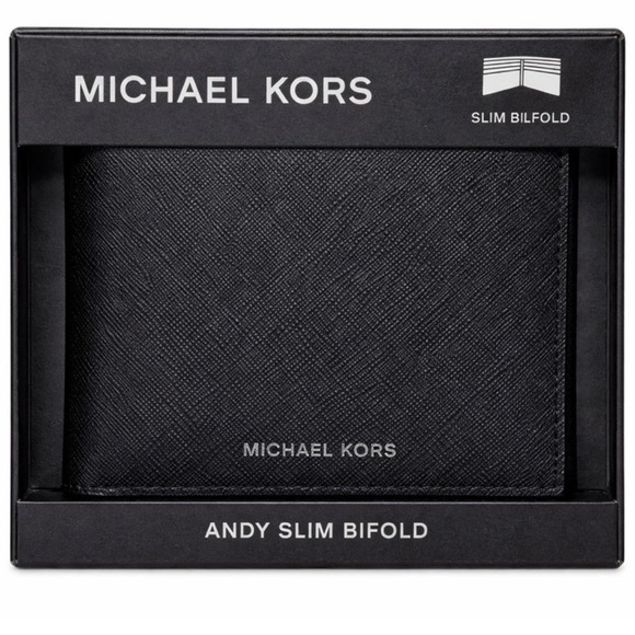Michael Kors NWT IN BOX Men’s Black Andy Slim Billfold Wallet Saffiano Leather